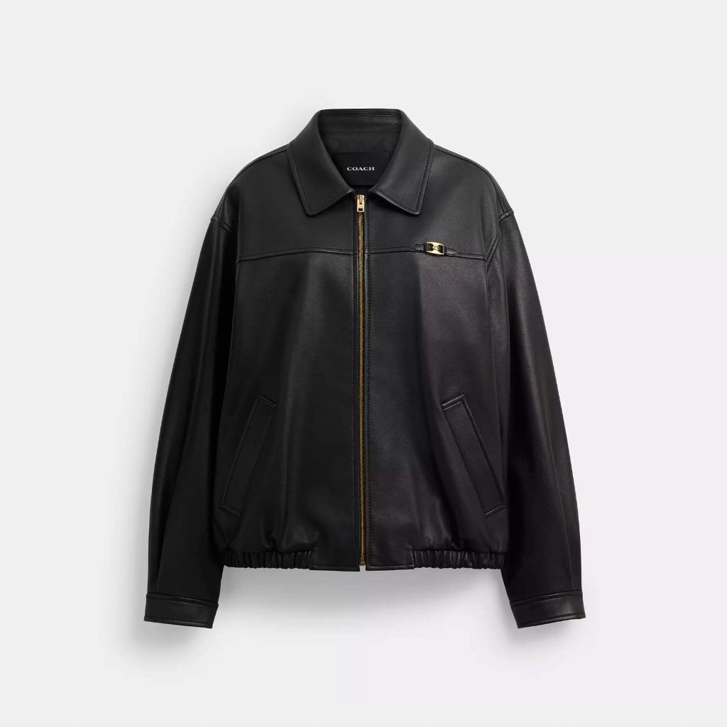 Coach - Heritage C Plaque Oversized Leather Jacket - Black - Small